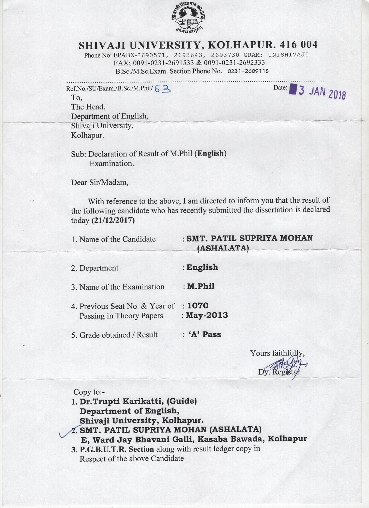 phd award letter, Department of English, Vivekanand College, Kolhapur